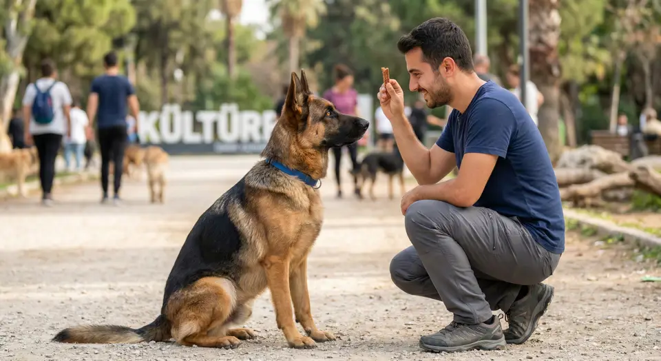 Kalabalık bir parkta, eğitmeniyle göz teması kuran bir Alman Çoban Köpeği. Eğitmen elindeki ödül mamasıyla köpeğin odağını kendi göz hizasında tutuyor.